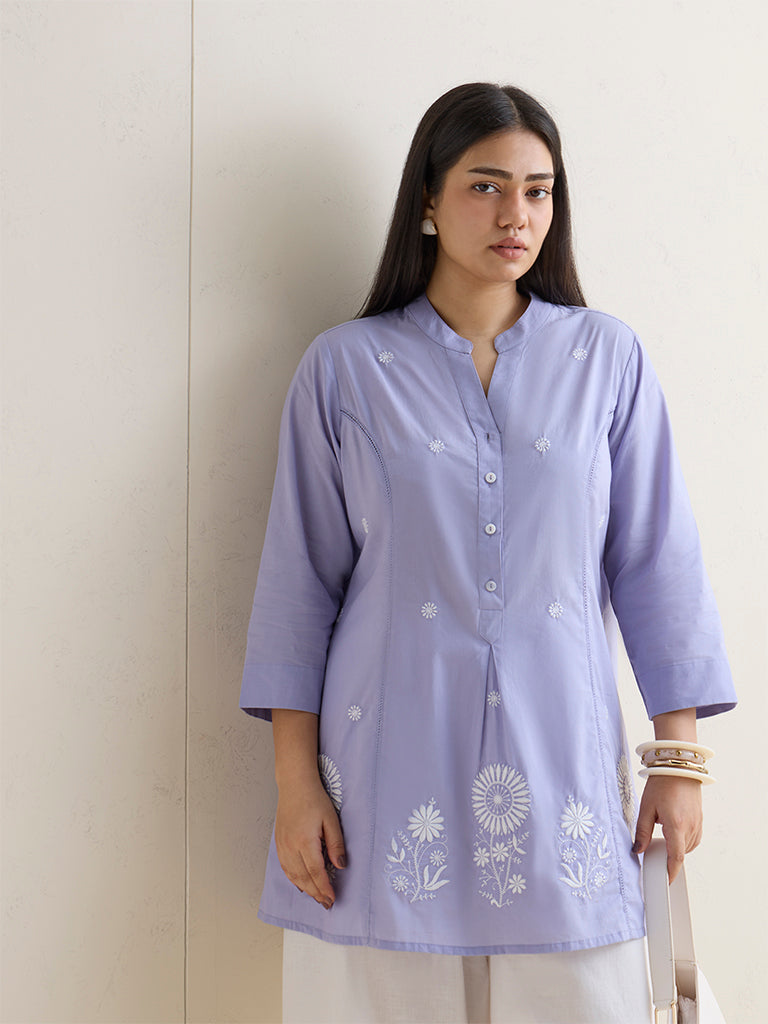 Fast Wear Lilac Floral Embroidered Cotton Straight Kurti