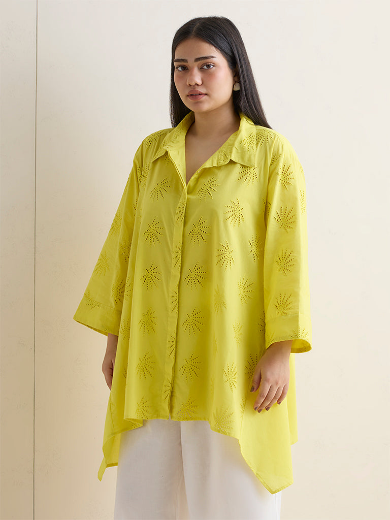 Fast Wear Yellow Schiffli Embroidered Cotton Tunic
