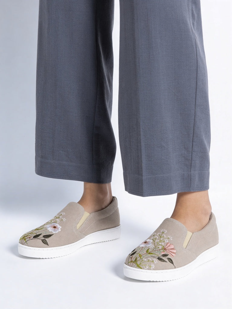 Fast Wear Peach Floral Embroidered Slip On Loafers