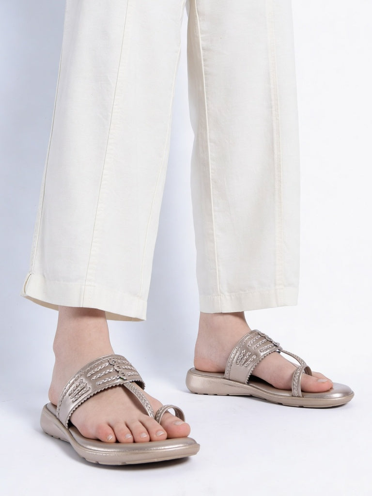 Fast Wear Rose Gold Metallic Kolhapuri Sandals