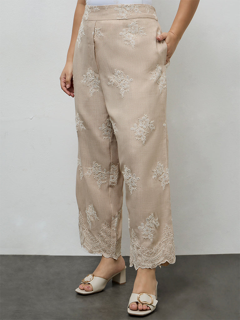 Fast Wear Beige Floral Embroidered Pants