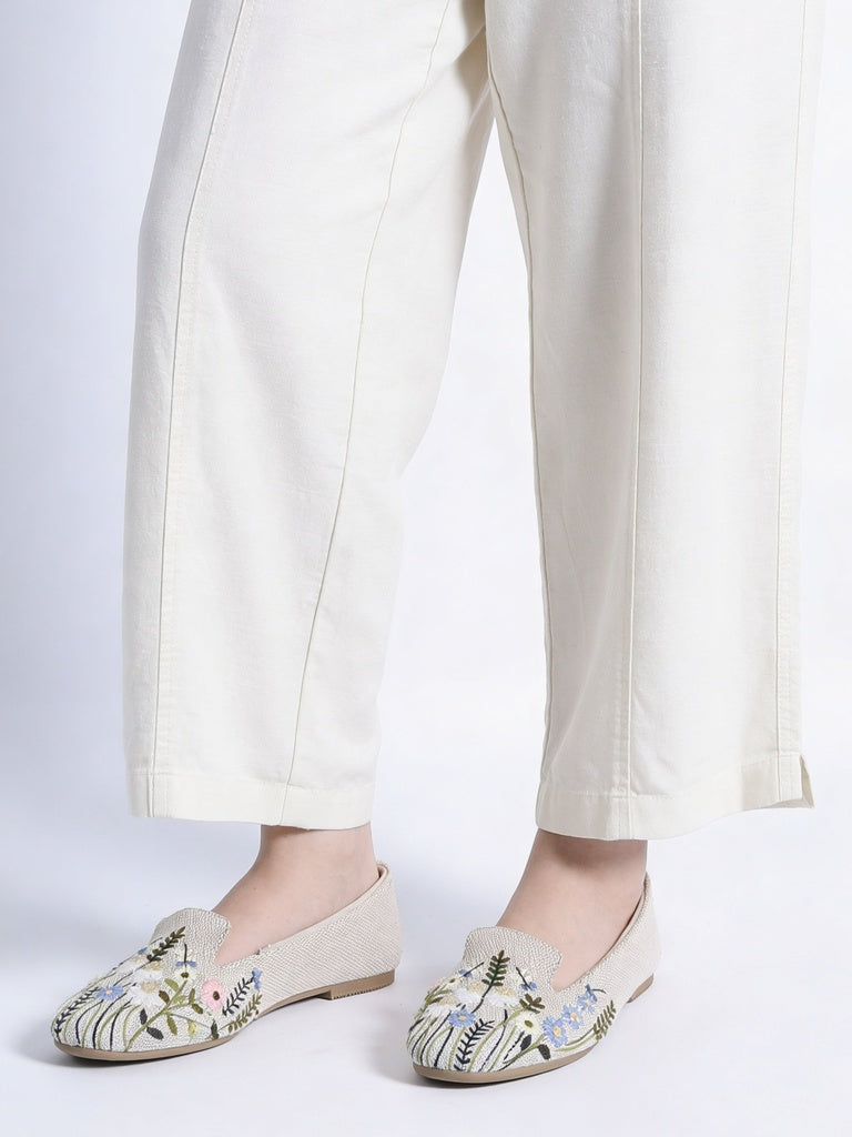 Fast Wear Beige Floral Embroidered Flat Loafers