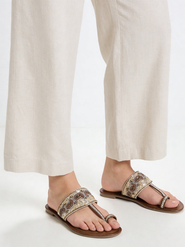 Fast Wear Tan Embellished Kolhapuri Flat Sandals