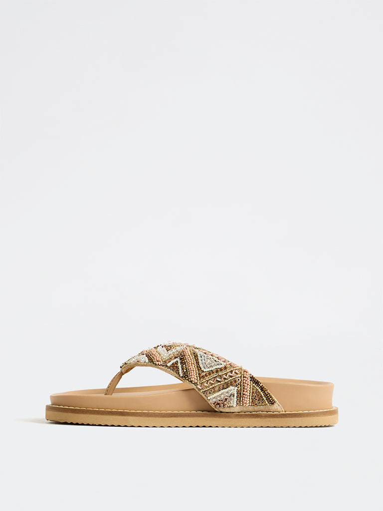 Fast Wear Beige Embellished Thong-Strap Sandals