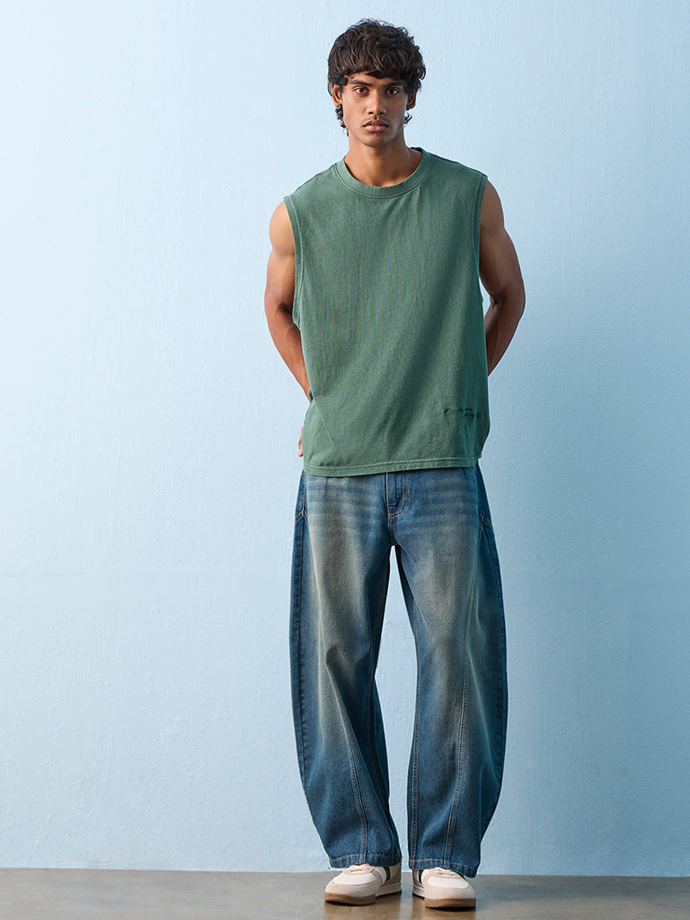 Fast Wear Blue Barrel-Fit Mid-Rise Jeans