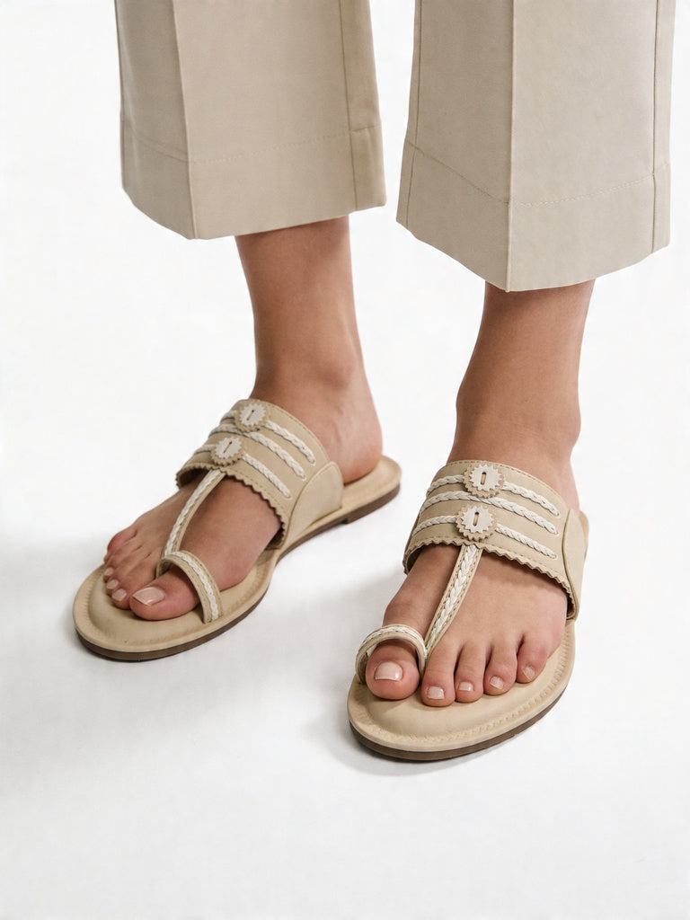 Fast Wear Ivory Braided Strap Flat Kolhapuri Sandals