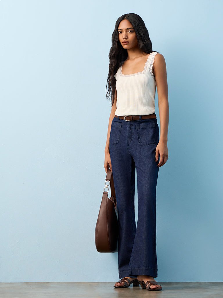 Fast Wear Dark Blue High-Rise Bootcut Jeans with Belt