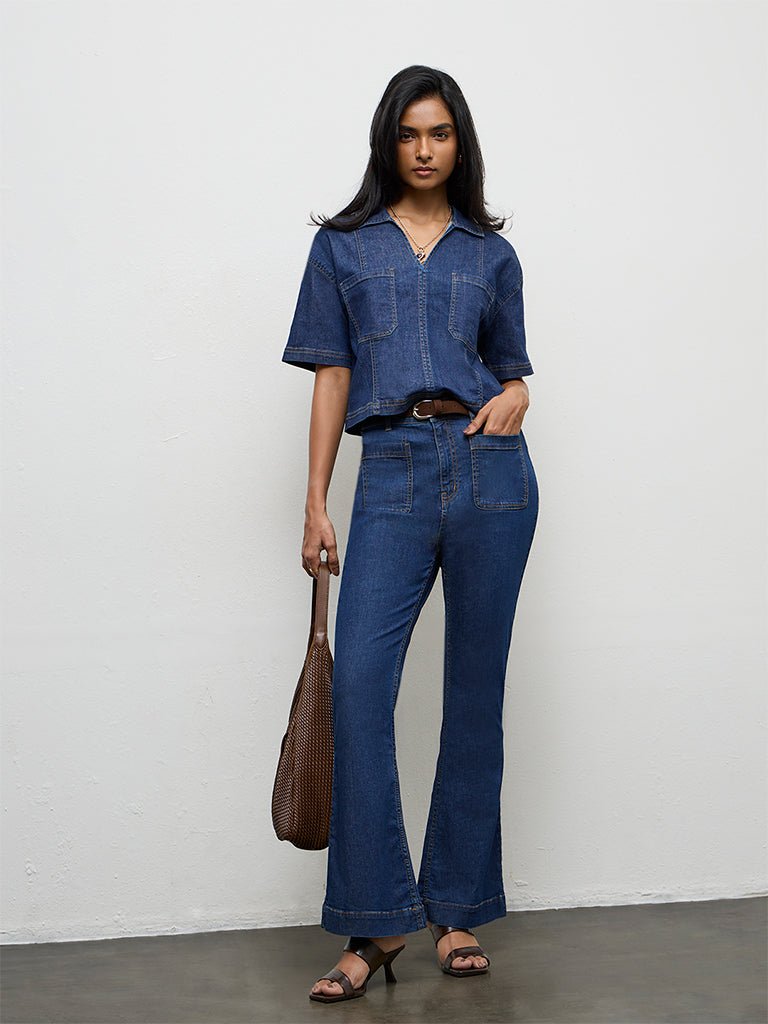 Fast Wear Blue High-Rise Flared Jeans with Belt