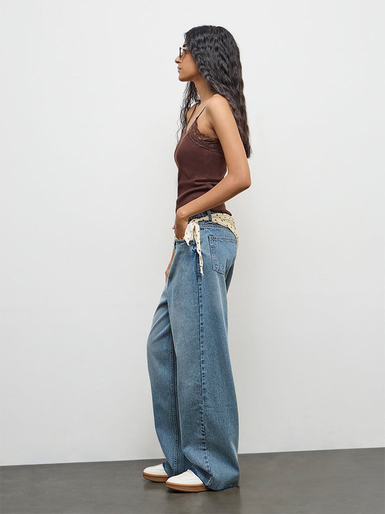 Fast Wear Blue Washed High-Rise Jeans with Scarf