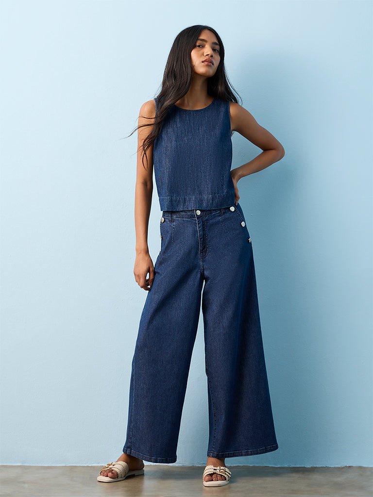 Fast Wear Blue Button-Detailed High-Rise Jeans