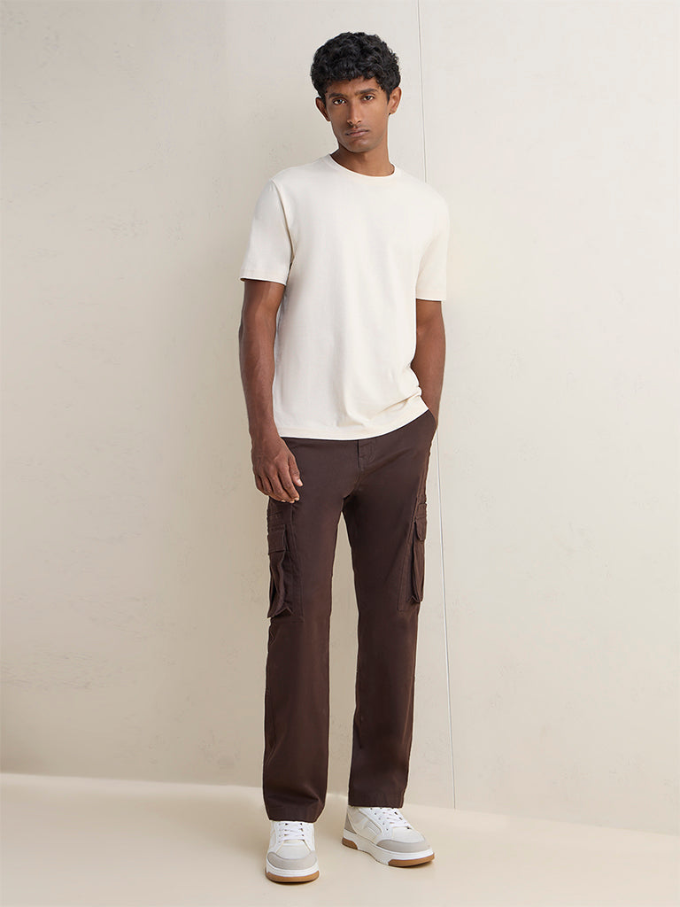 Fast Wear Dark Brown Relaxed-Fit Mid-Rise Cotton Cargo Pants