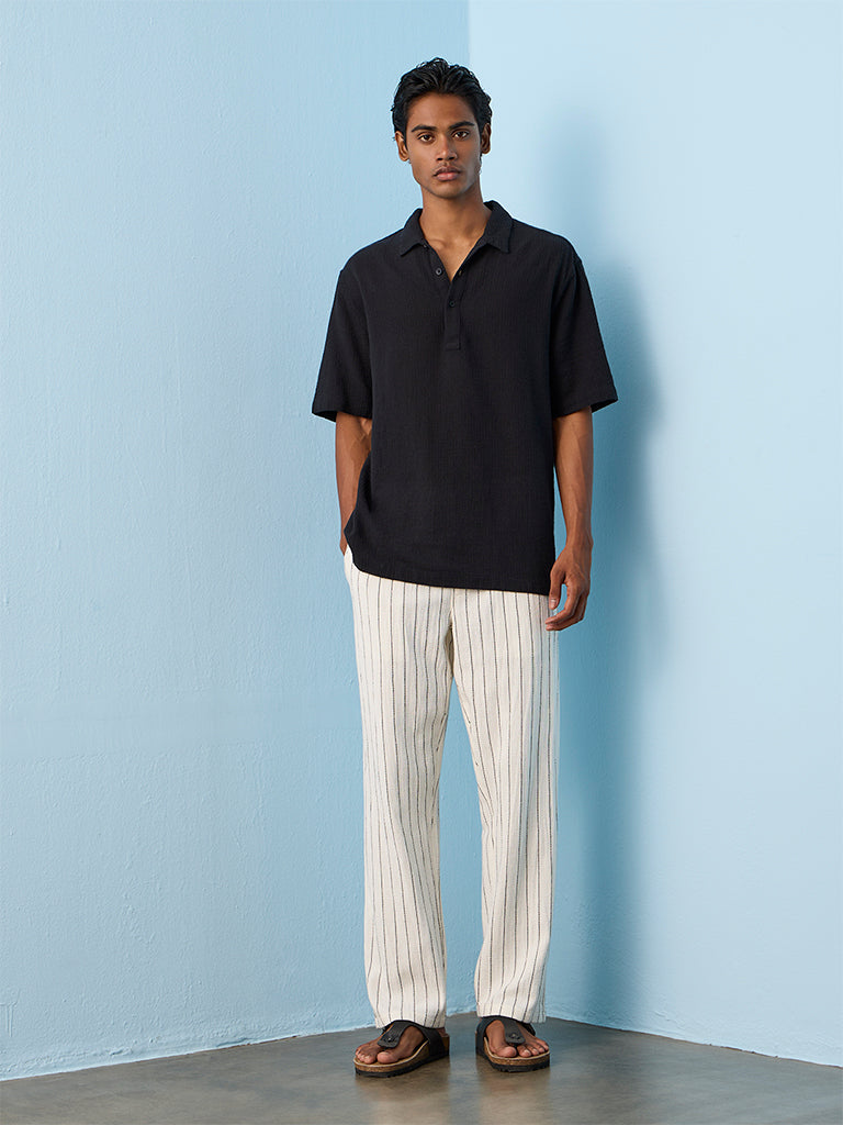 Fast Wear White Striped Relaxed-Fit Mid-Rise Cotton Chinos