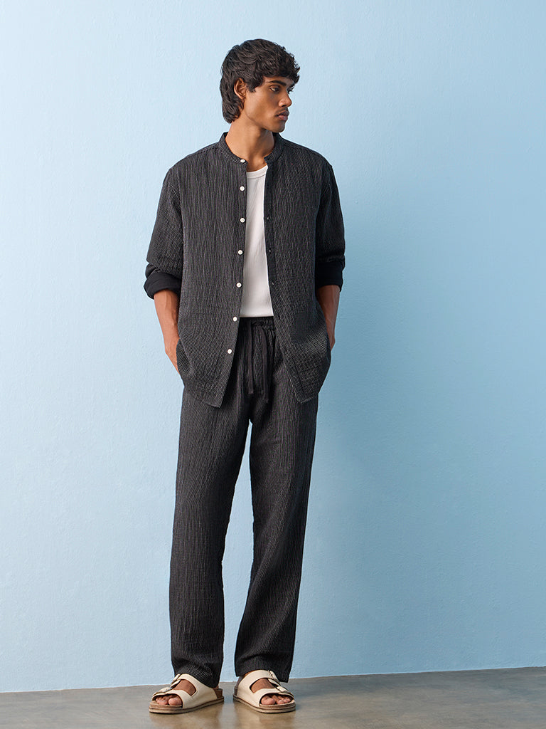 Fast Wear Black Striped Relaxed-Fit Mid-Rise Cotton Pants