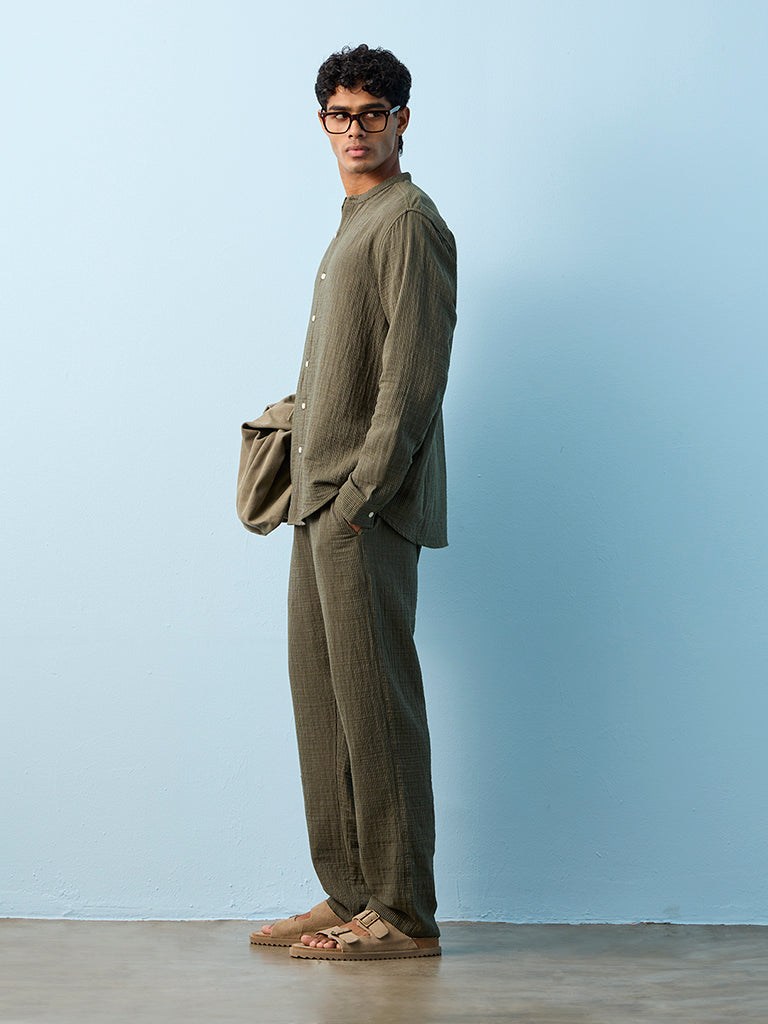 Fast Wear Olive Striped Relaxed-Fit Mid-Rise Cotton Pants