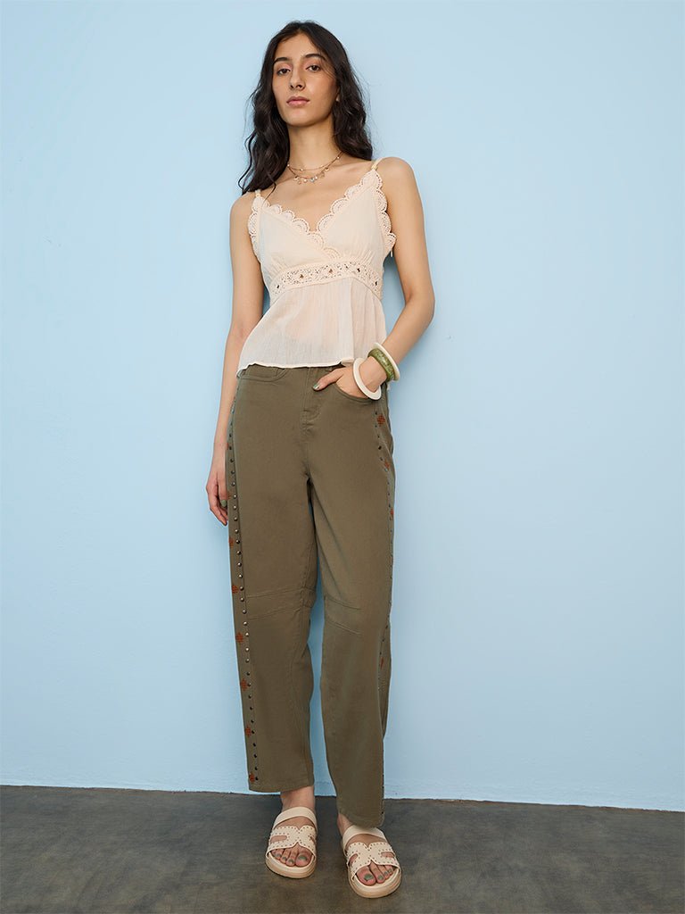 Fast Wear Olive Embroidered High-Rise Jeans