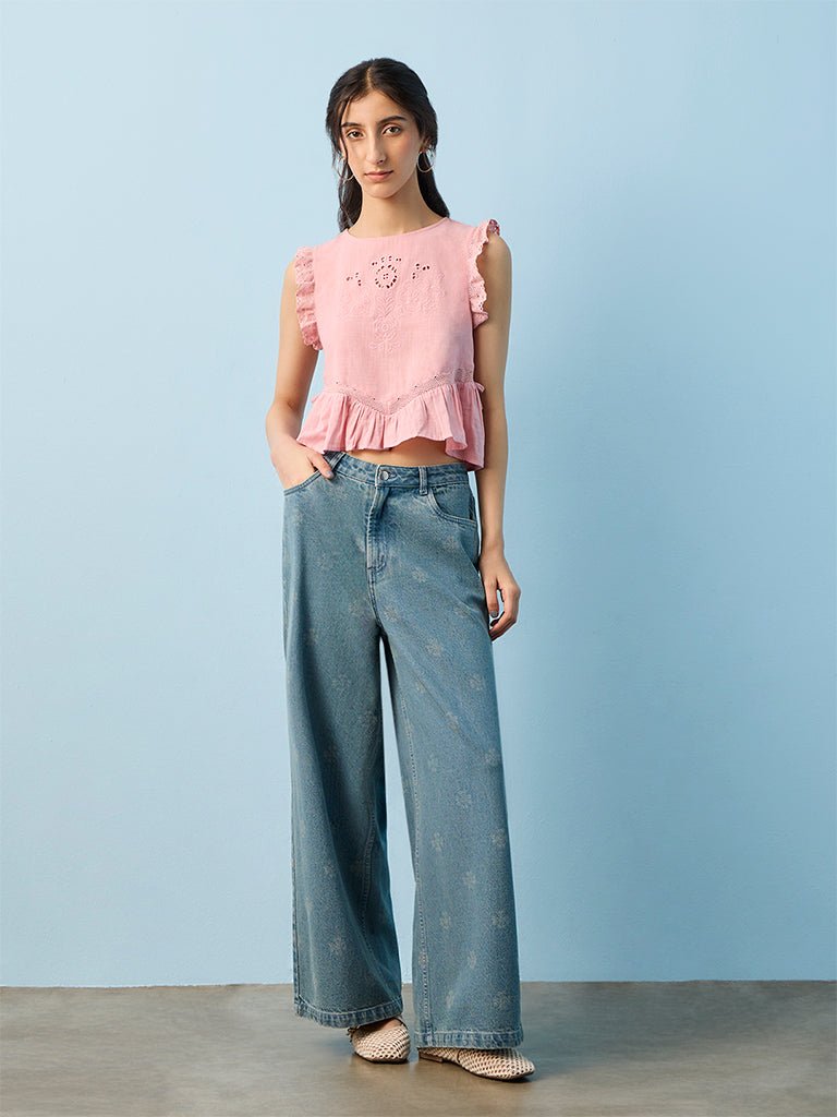 Fast Wear Blue Floral Printed High-Rise Jeans