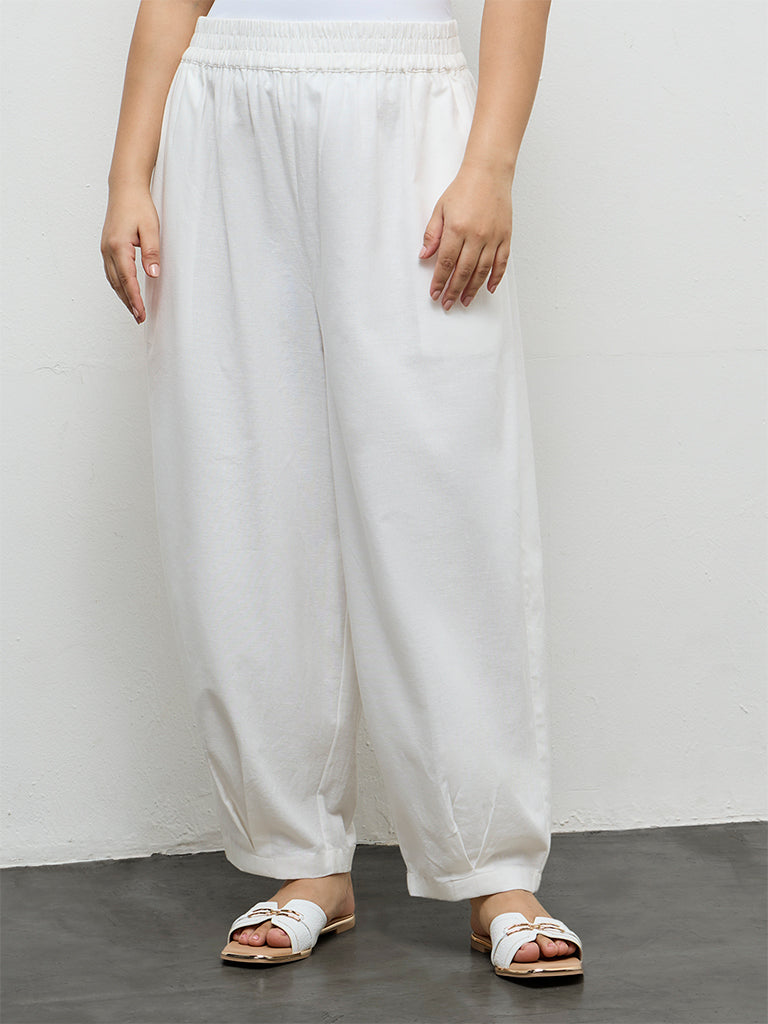 Fast Wear Off-White Solid Cotton Pants