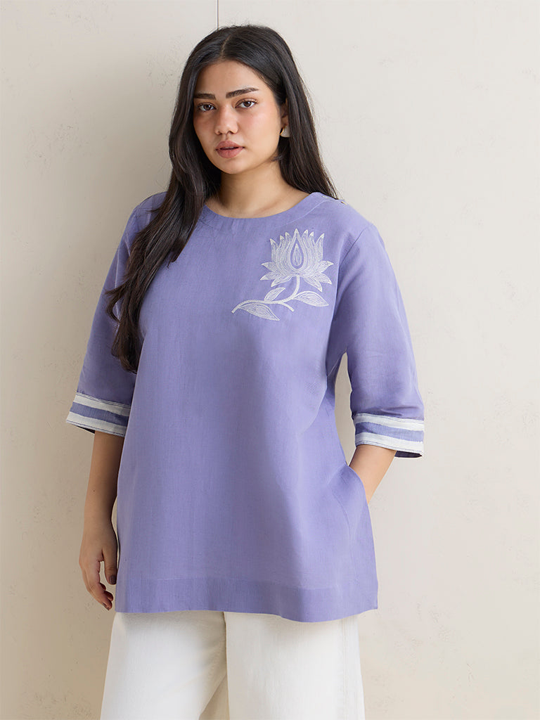 Fast Wear Lilac Floral Embroidered High-Low Linen-Blend Tunic