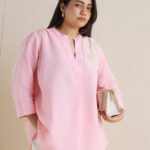 Fast Wear Pink Floral Embroidered Linen-Blend Tunic