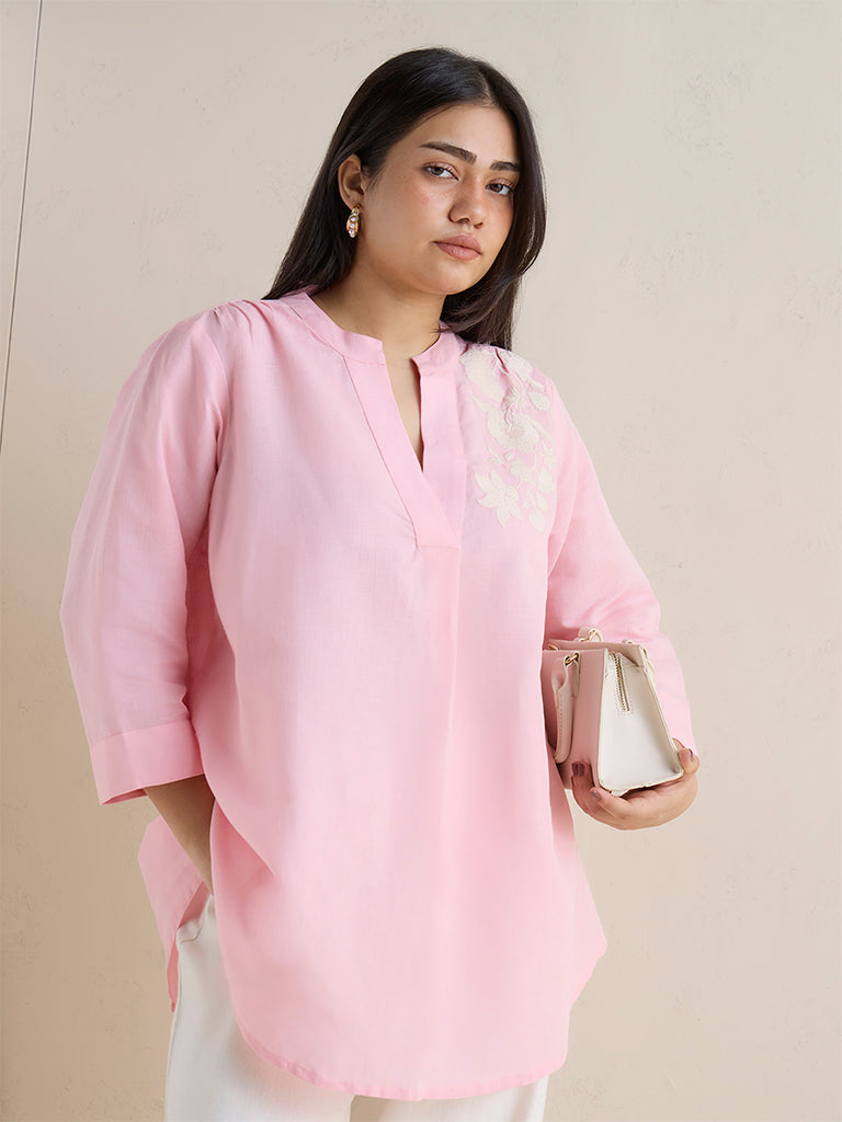 Fast Wear Pink Floral Embroidered Linen-Blend Tunic