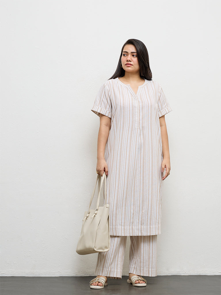 Fast Wear Beige Striped Cotton Ethnic Pants