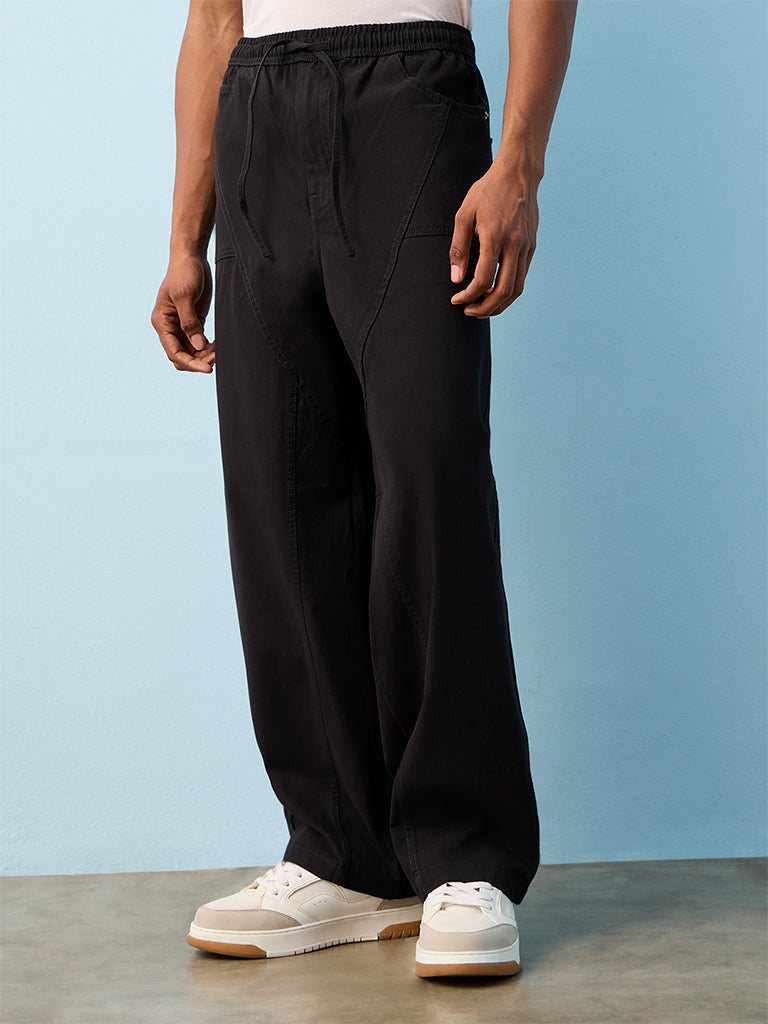 Fast Wear Black Barrel-Fit Mid-Rise Cotton Pants