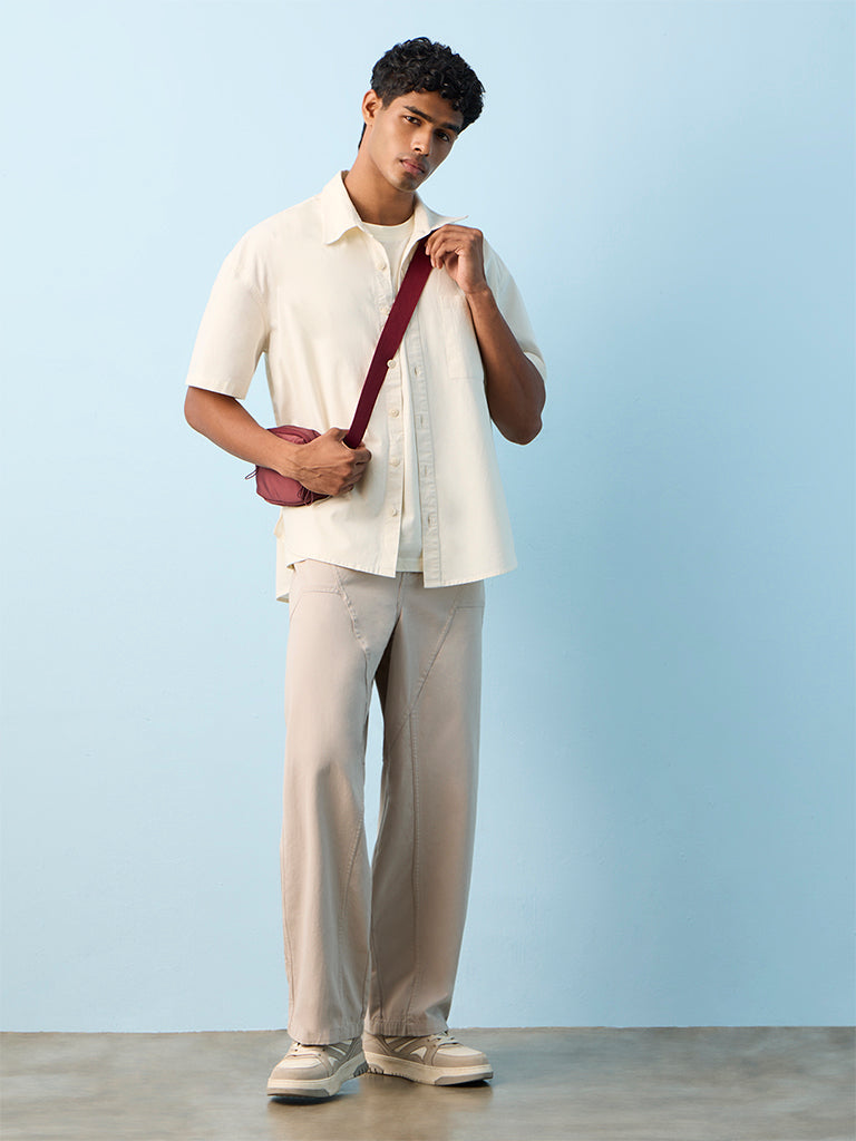 Fast Wear Light Grey Barrel-Fit Mid-Rise Cotton Pants