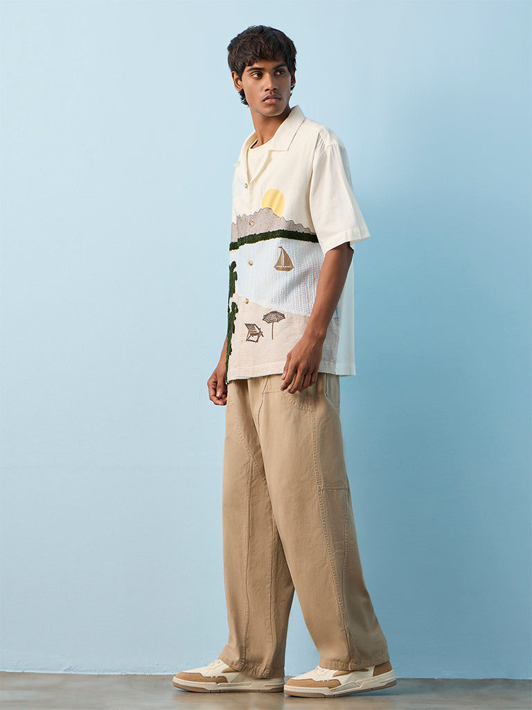 Fast Wear Light Taupe Barrel-Fit Mid-Rise Cotton Pants