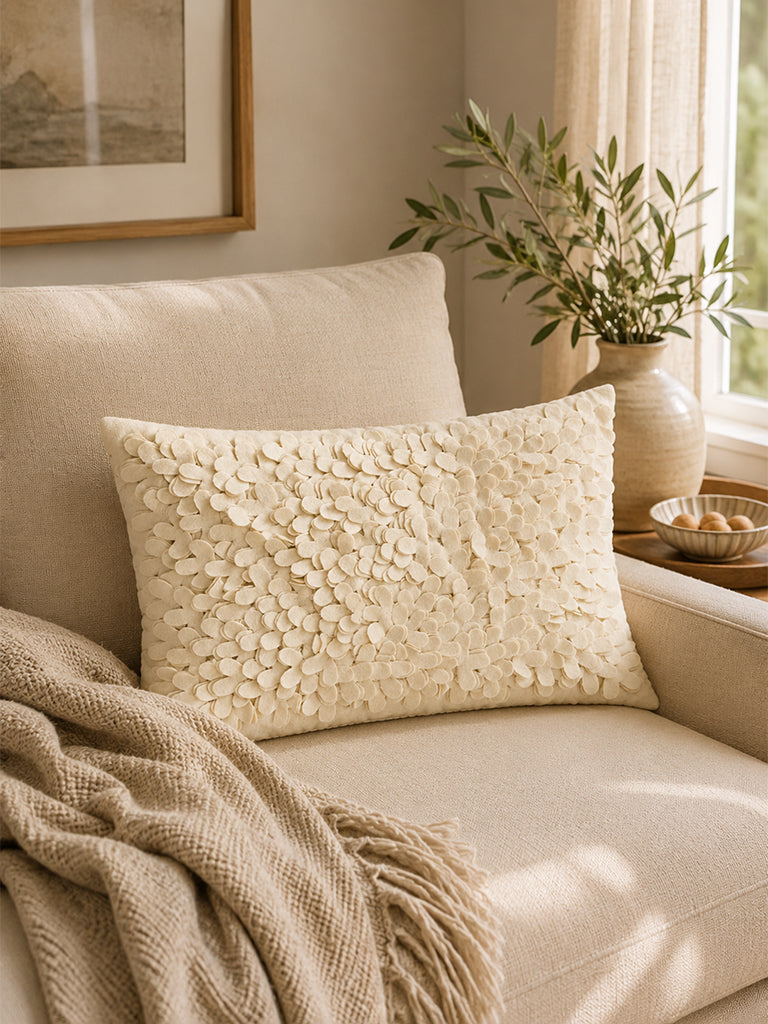 Fast Wear Off-White Floral Petal Applique Cushion Cover