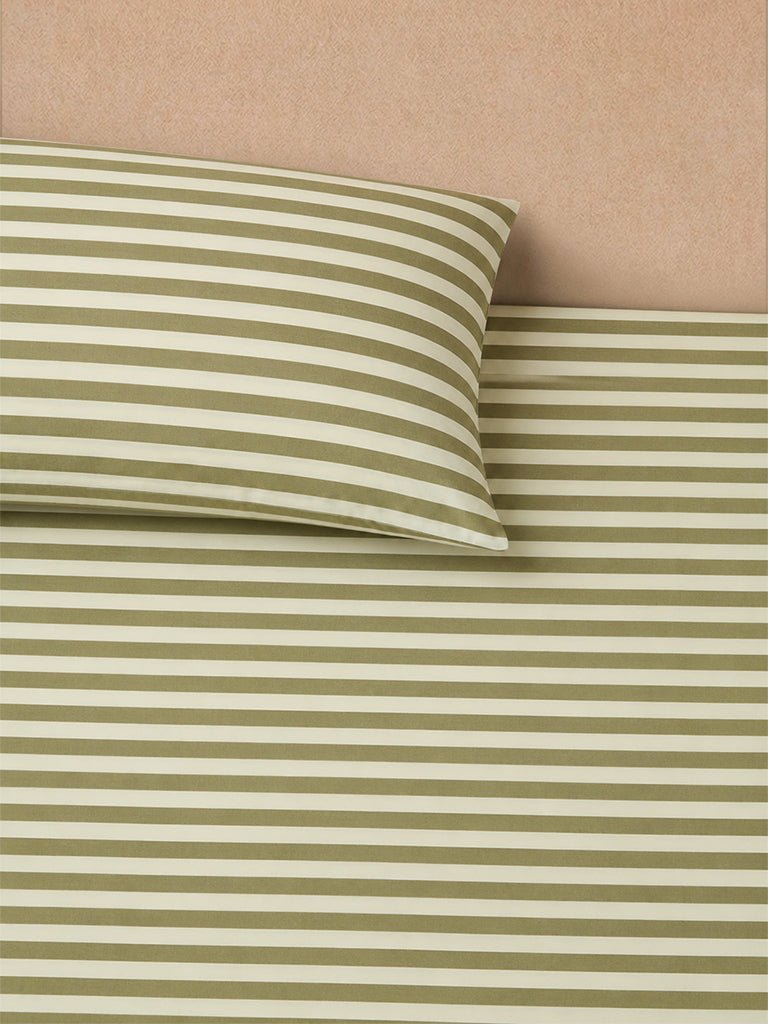 Fast Wear Olive Stripe Printed Fitted King Bed Sheet Set