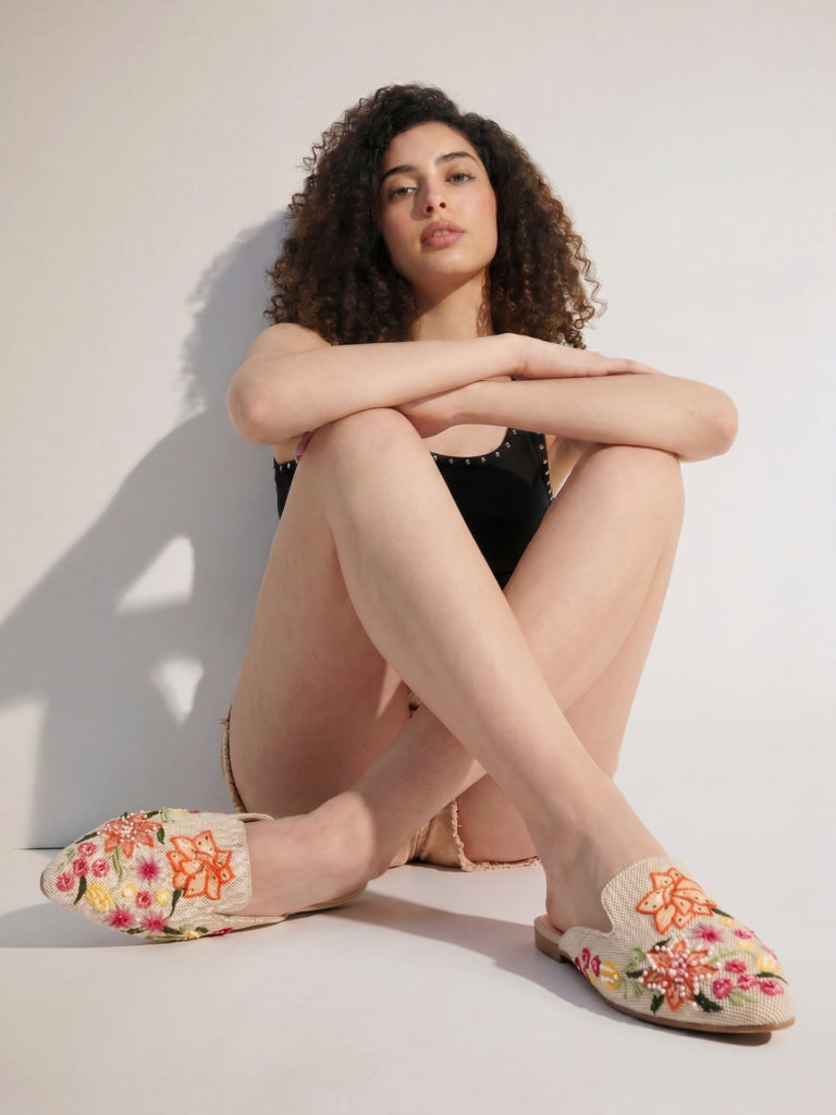 Fast Wear Cream Floral Embroidered Mules