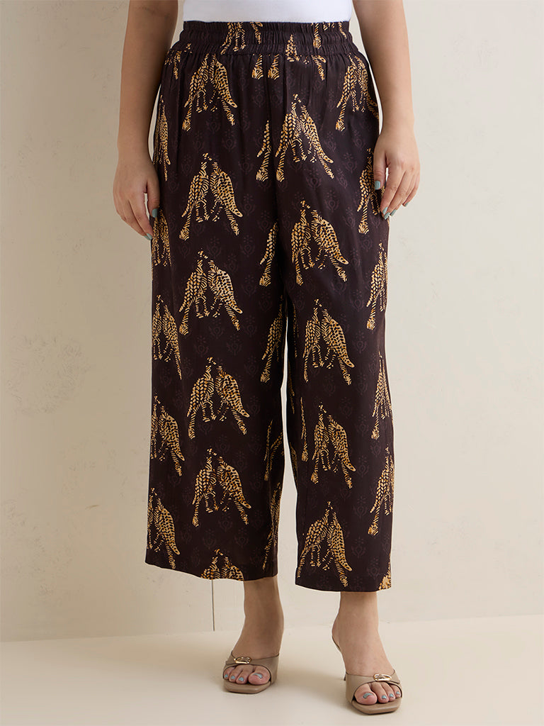 Fast Wear Dark Brown Bird Printed Palazzos