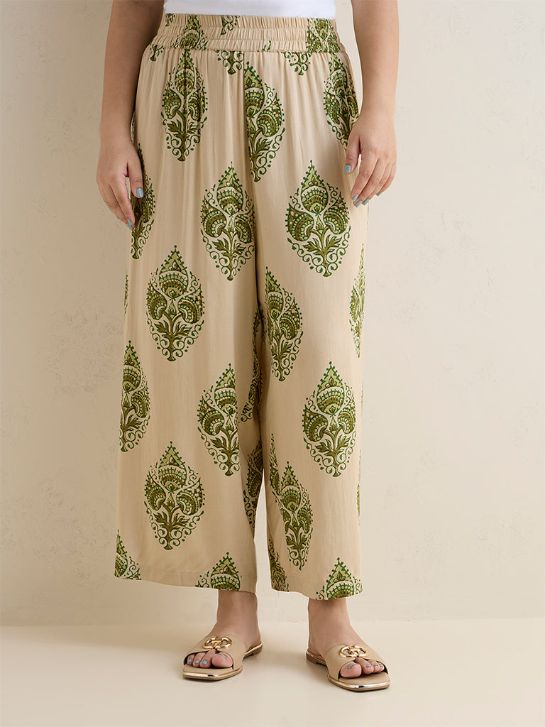 Fast Wear Beige Botanical Printed Palazzos