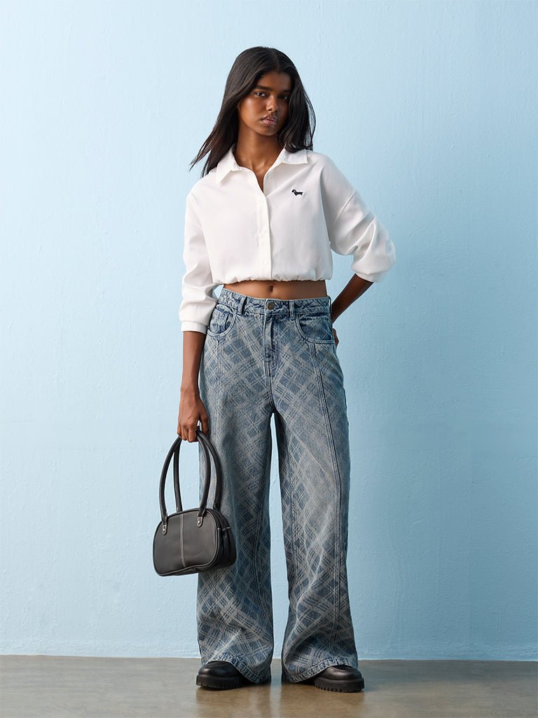 Fast Wear Blue Checkered High-Rise Jeans