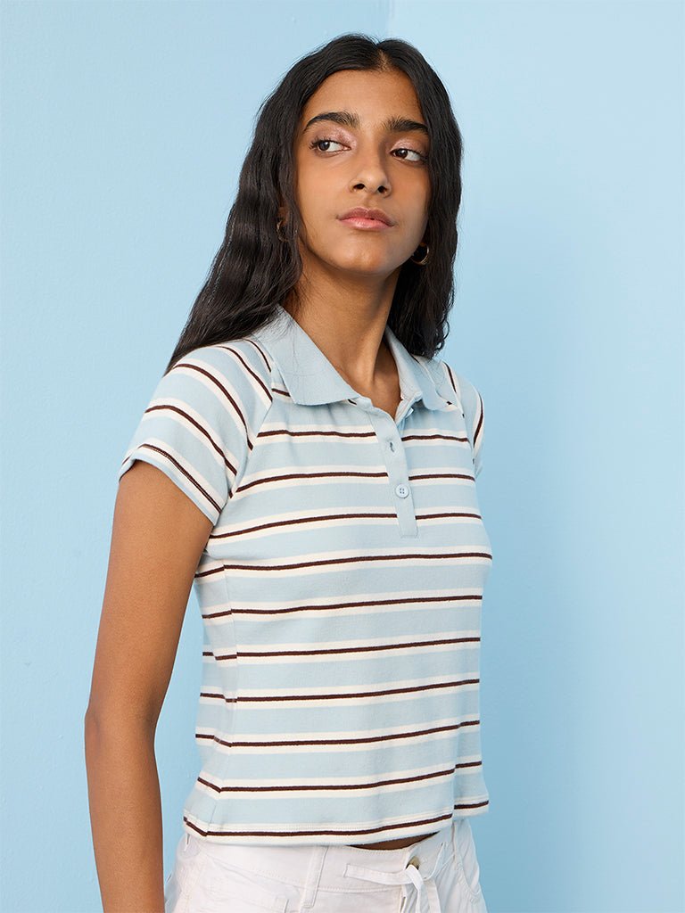 Fast Wear Light Blue Striped Cotton-Blend Polo T-Shirt