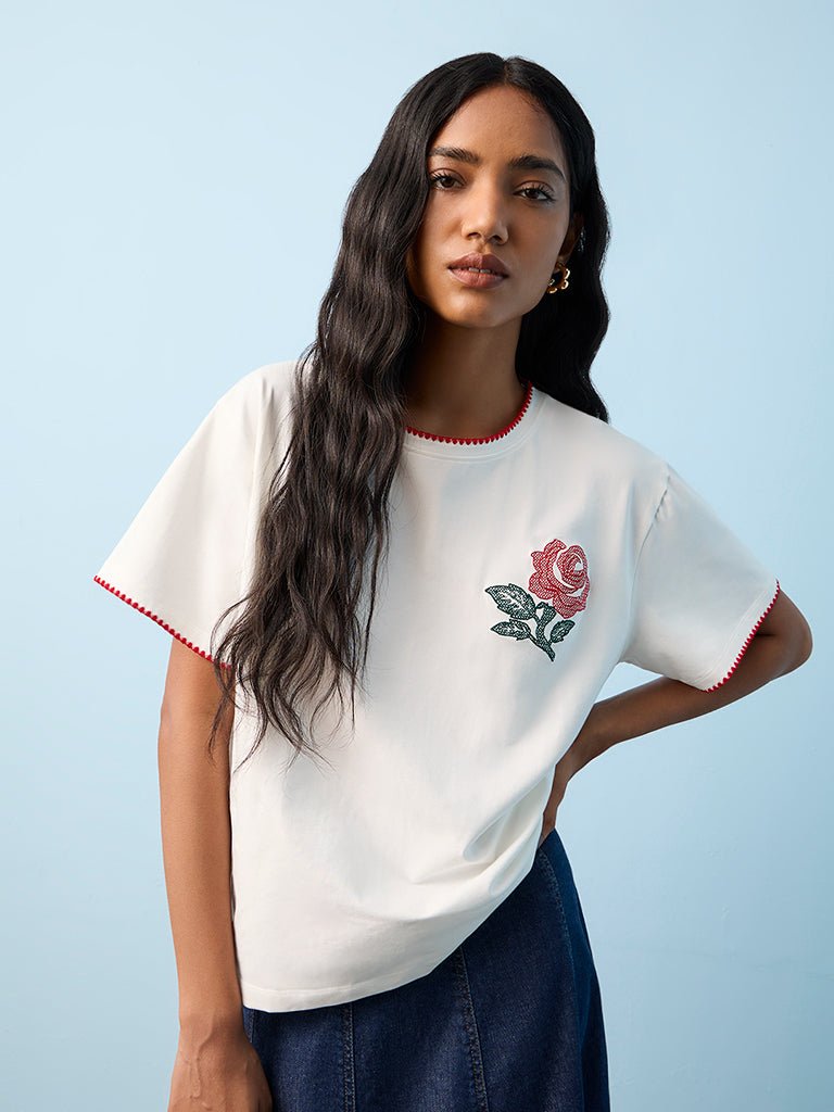 Fast Wear White Floral Embroidered Cotton T-Shirt