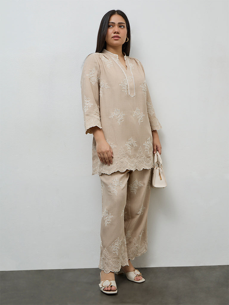 Fast Wear Beige Floral Embroidered Tunic