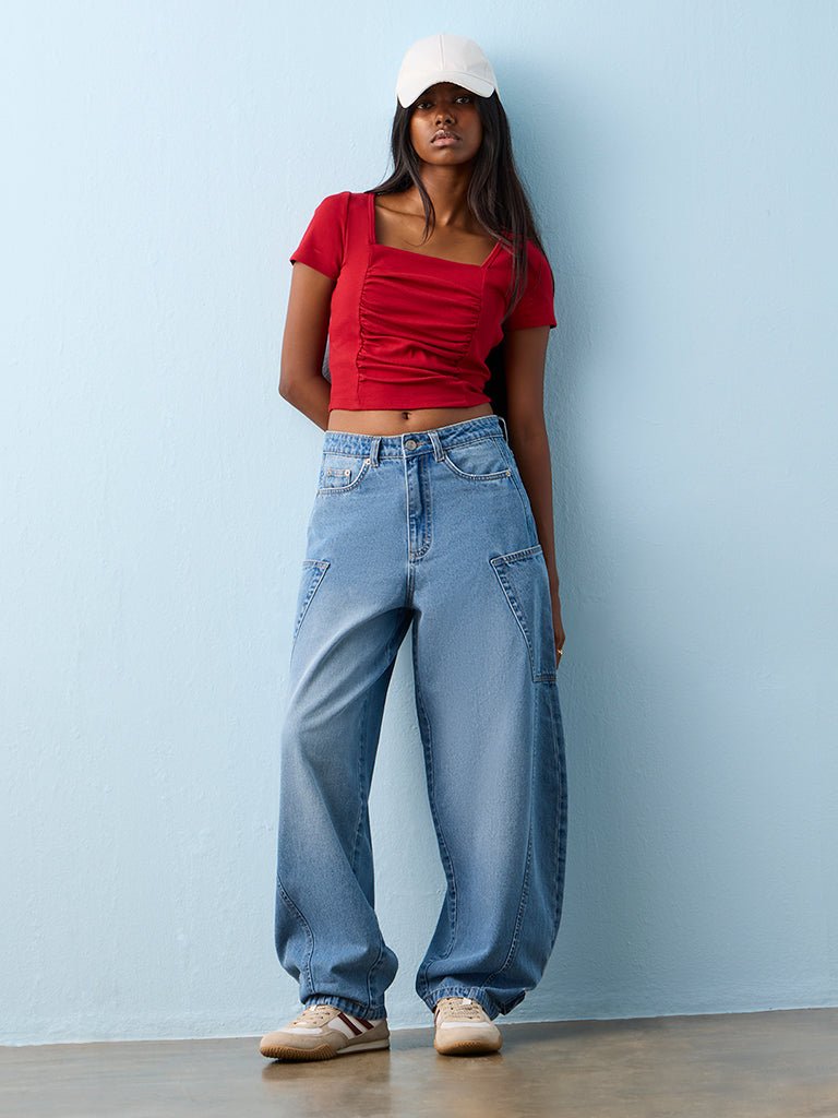 Fast Wear Blue Faded High-Rise Balloon-Fit Jeans