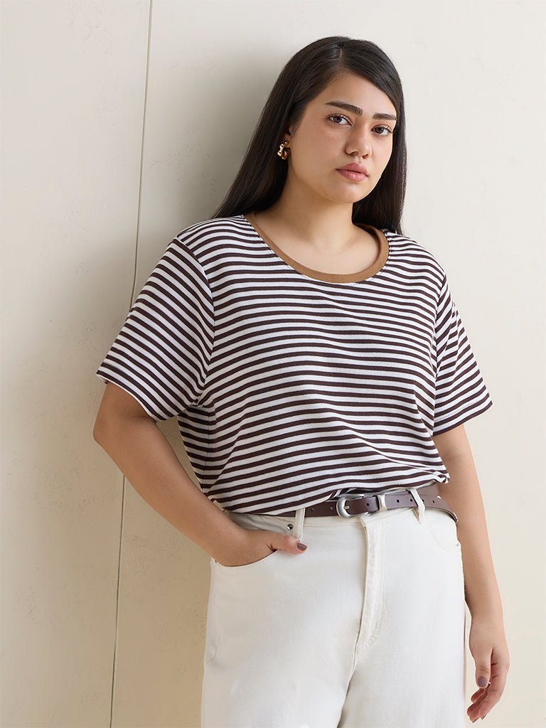 Fast Wear Dark Brown Striped Cotton T-Shirt