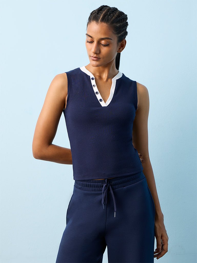 Fast Wear Navy Ribbed-Textured Cotton-Blend T-Shirt