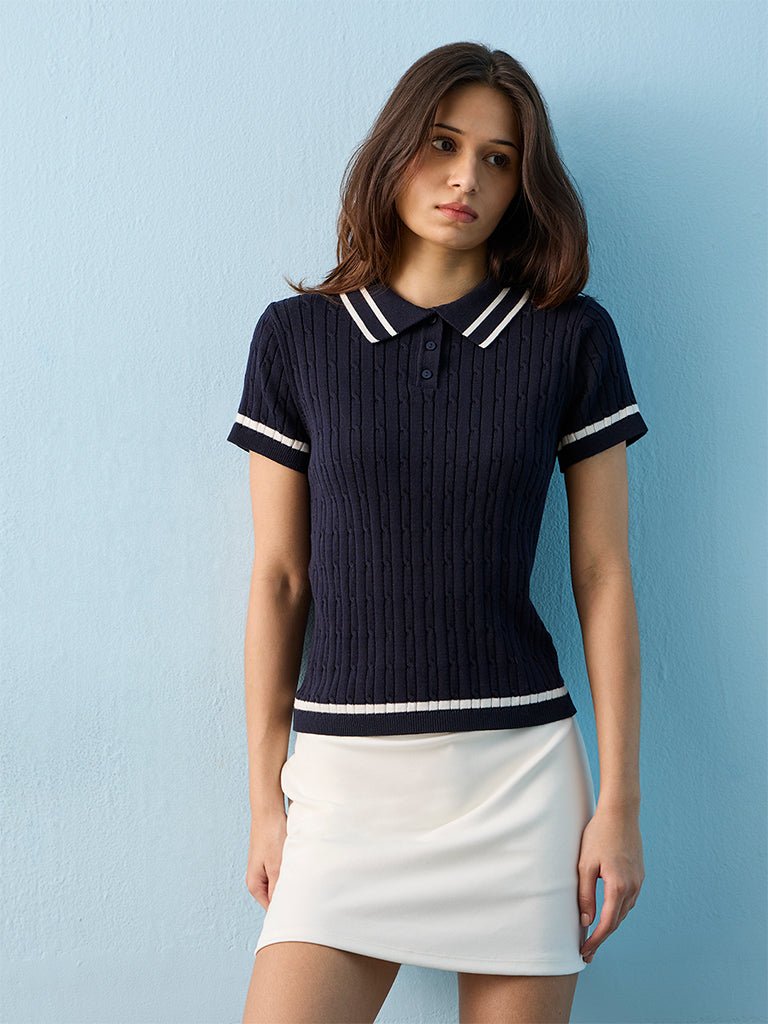Fast Wear Navy Cable-Knit Cotton-Blend T-Shirt