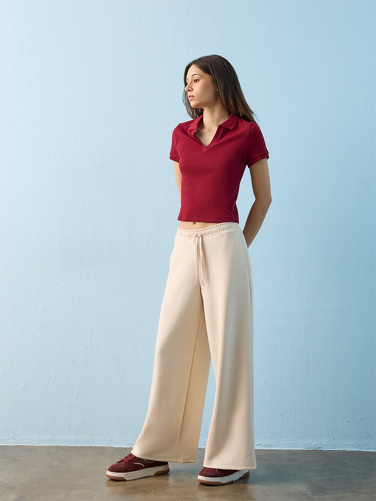 Fast Wear Maroon Ribbed Cotton-Blend T-Shirt
