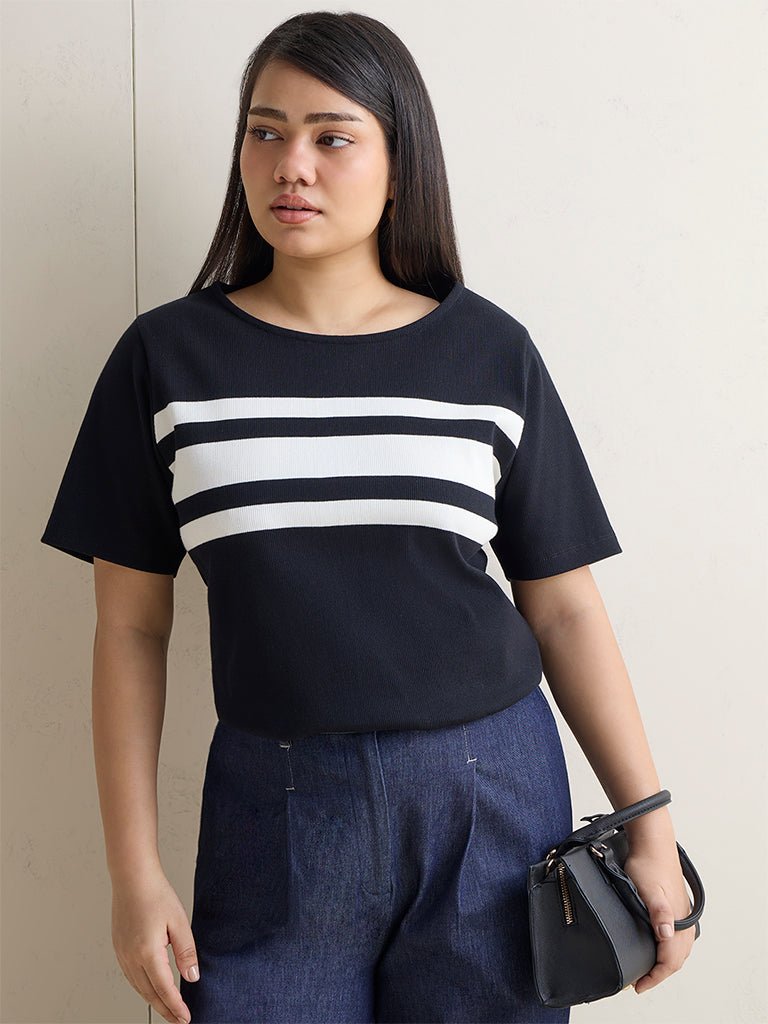 Fast Wear Black Striped Cotton-Blend T-Shirt