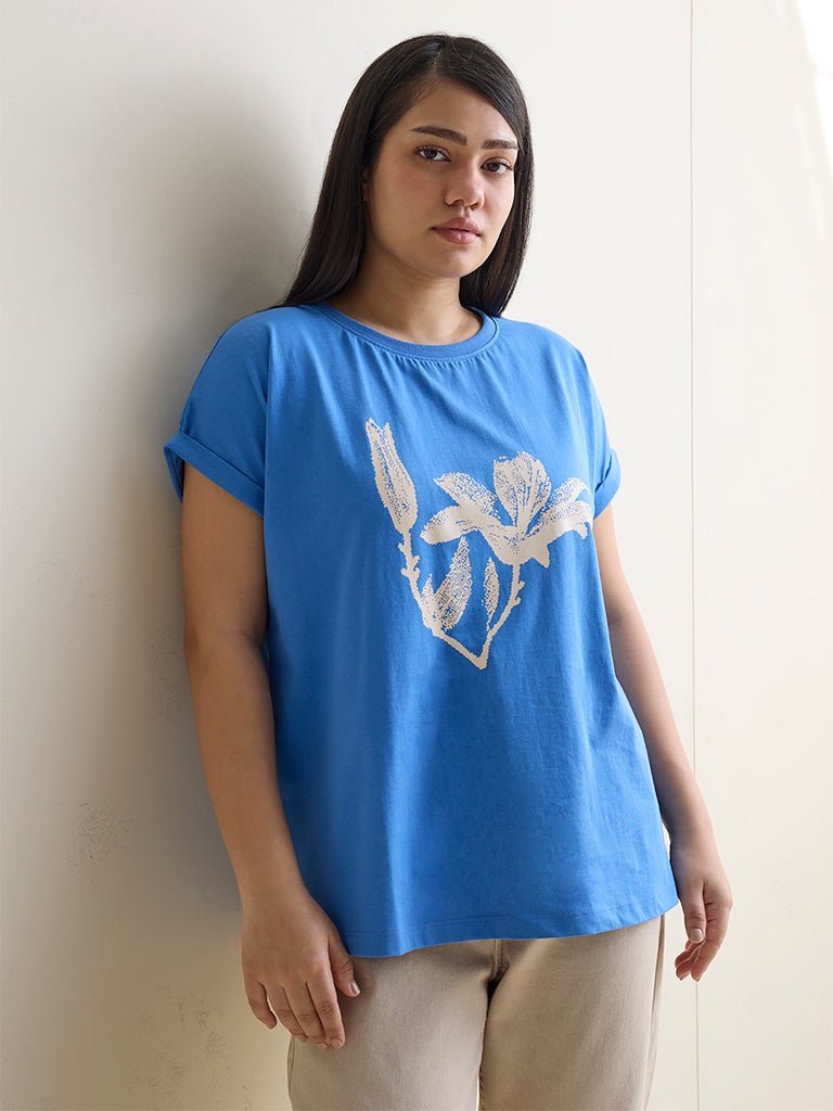 Fast Wear Blue Floral Printed Cotton T-Shirt