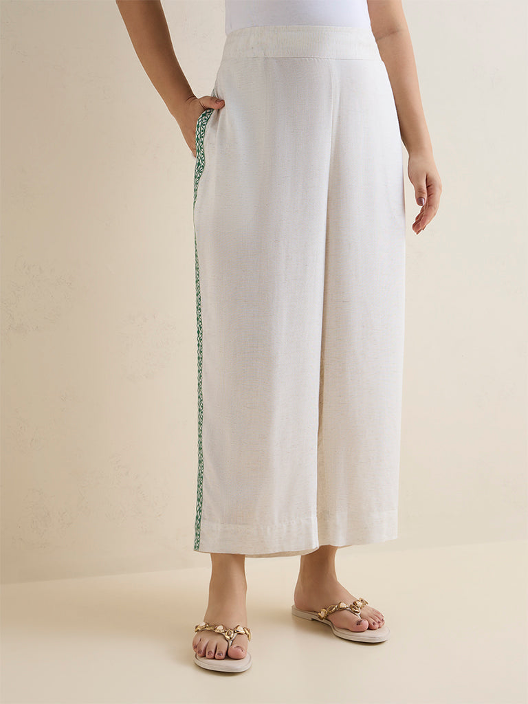 Fast Wear Off-White Embroidered Palazzos