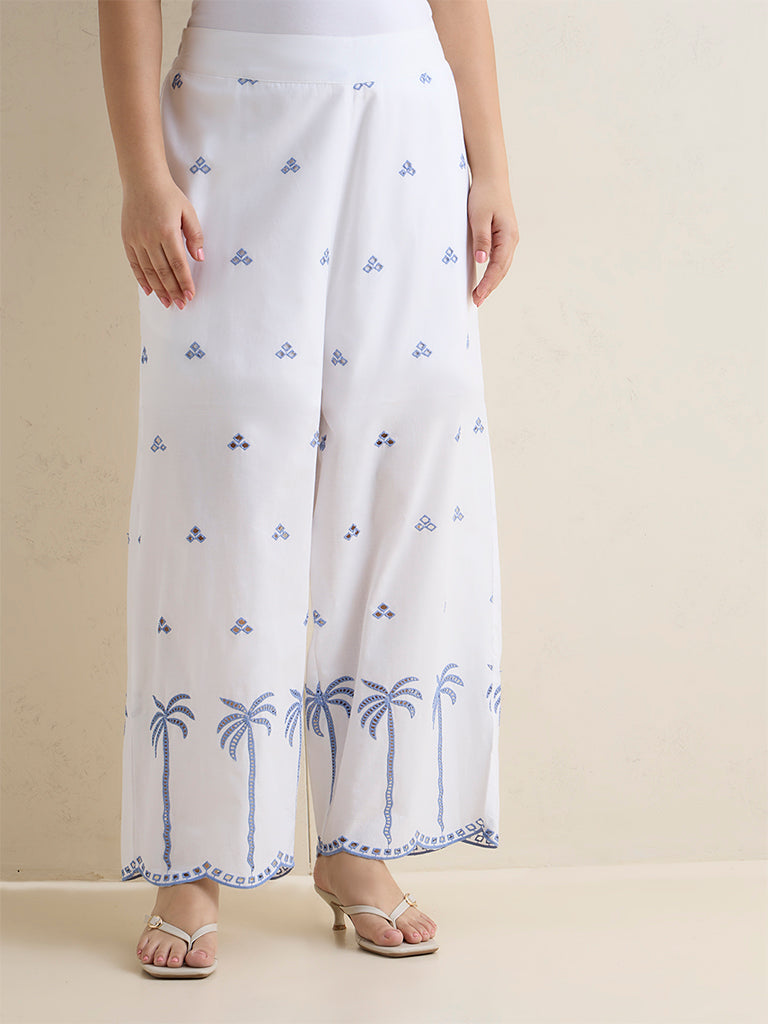 Fast Wear White Embroidered Cotton Palazzos