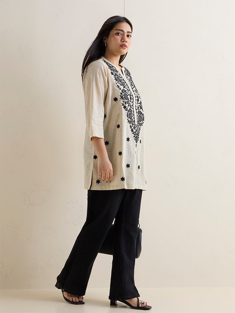 Fast Wear Beige Embroidered Cotton Kurti