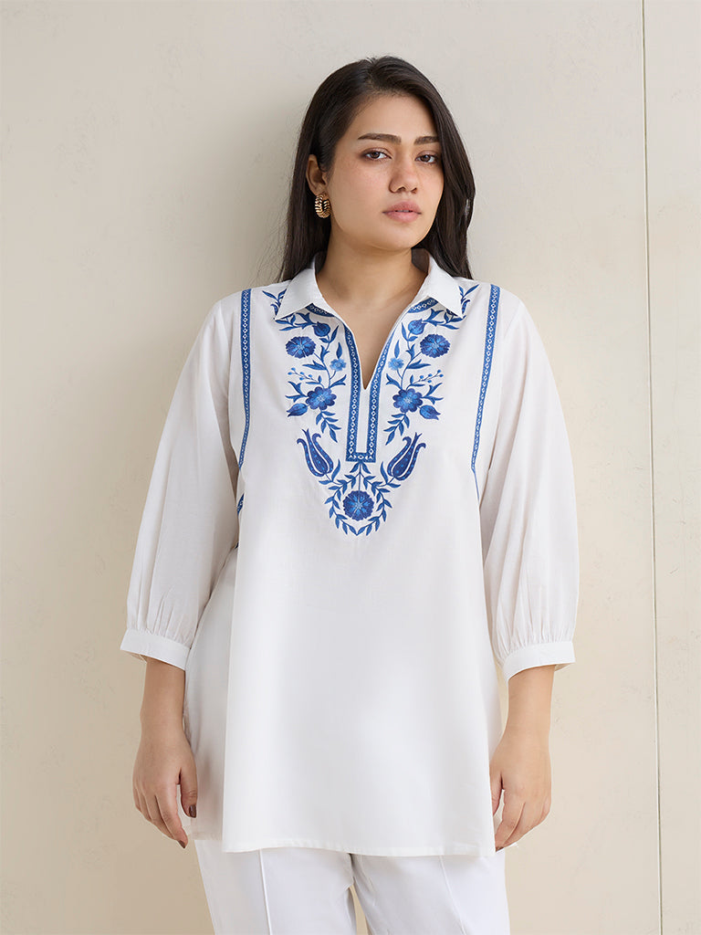Fast Wear White Floral Printed Cotton Tunic