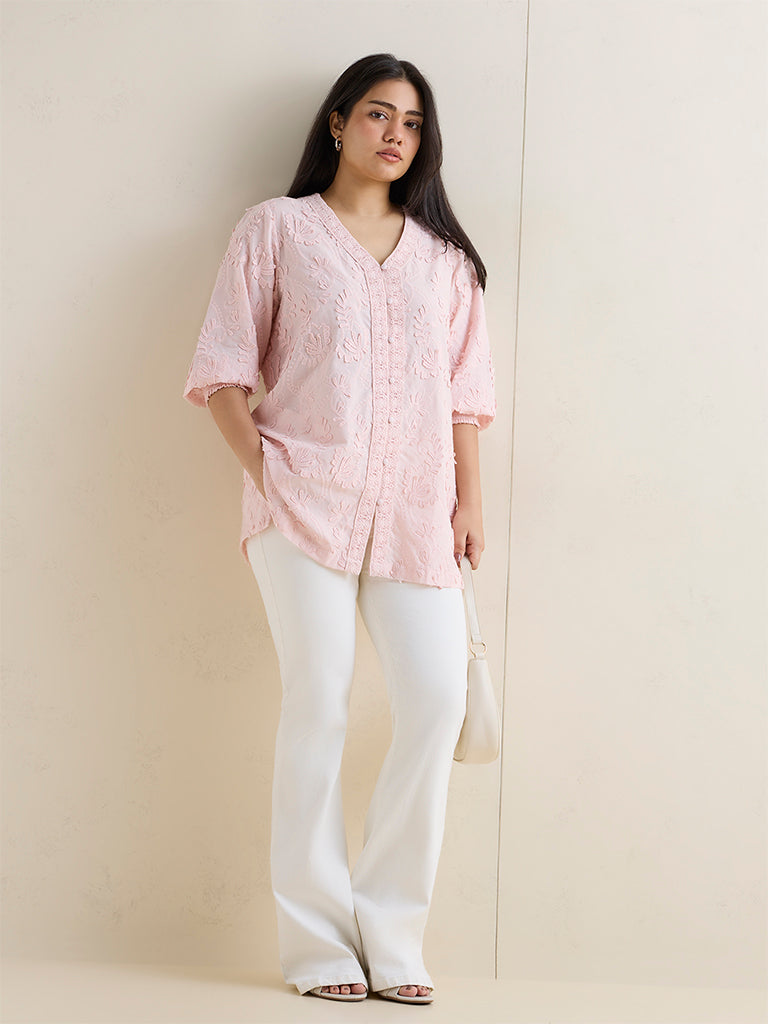 Fast Wear Light Pink Floral Embroidered Cotton Tunic