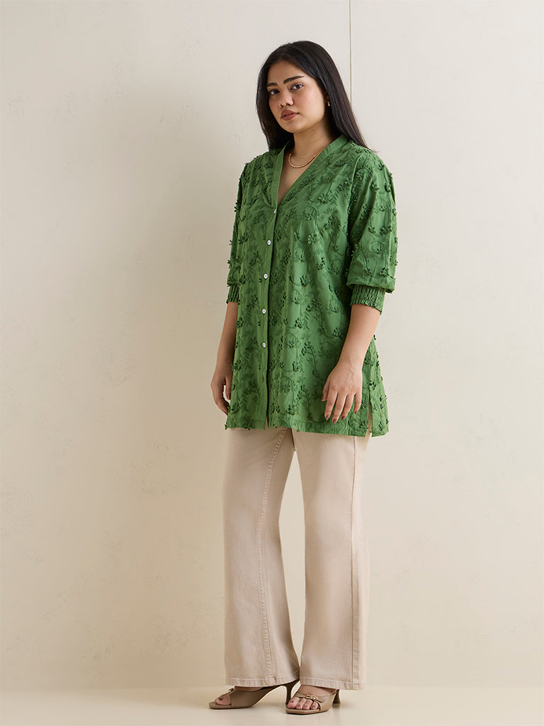 Fast Wear Green Floral Embroidered Cotton Tunic